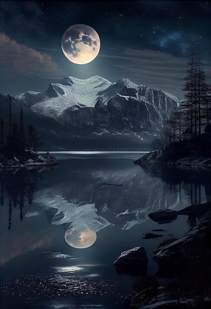 The moon is reflected in the night lake AI generated