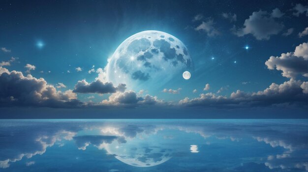 a moon is reflected in the water with clouds and the moon in the sky