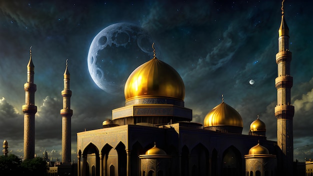 A moon is seen behind a mosque