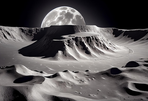 A moon is seen behind a mountain and the moon is visible.