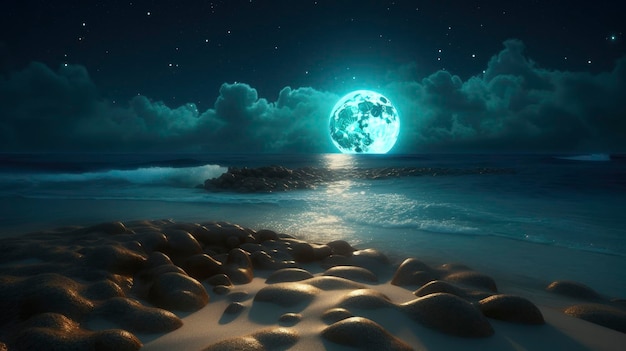 The moon is shining on the beach