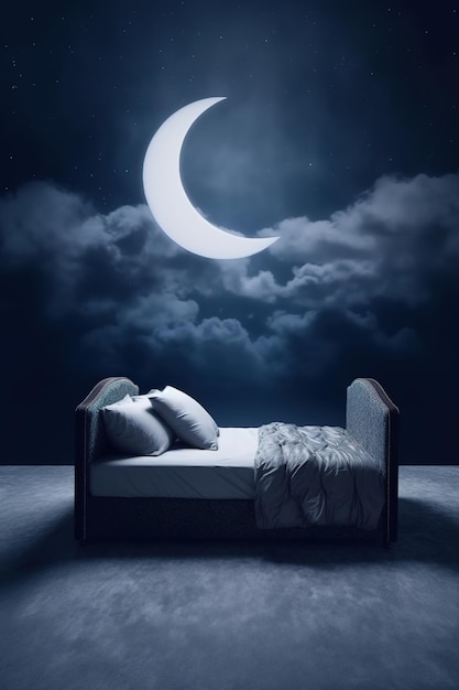 A moon is shining on a bed in a dark room with a crescent moon on the wall.