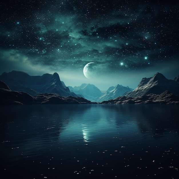 a moon is shining over a lake with mountains in the background.