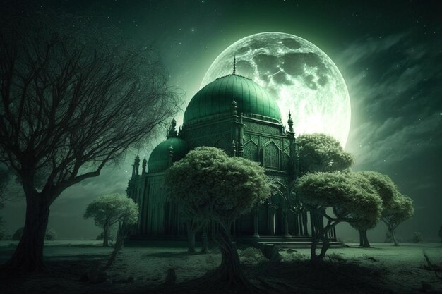 The moon is shining over a mosque in the night