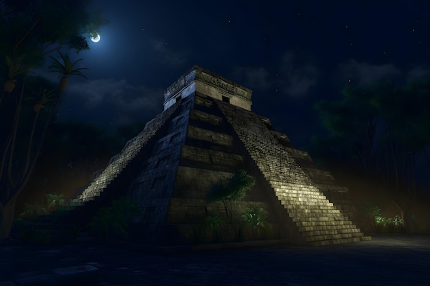 The moon is shining on the pyramid