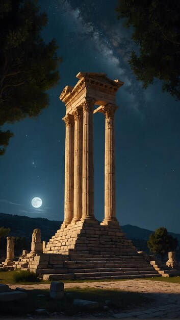 the moon is shining over the temple of deity