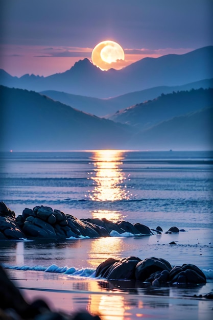 The moon is visible in the sky above the ocean.