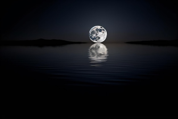 A moon is on the water and it is on a black background