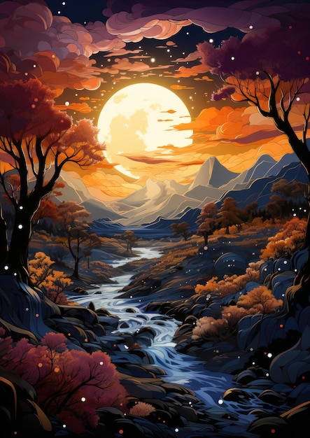 moon landscape dreamy fantasy mystery tarot illustration art tattoo poster card night