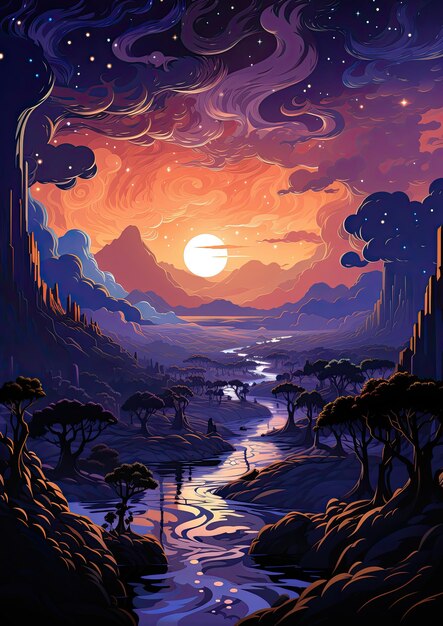 Moon landscape dreamy fantasy mystery tarot illustration art tattoo poster card night