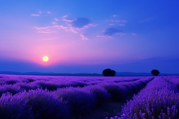 Foto la luna sopra i campi di lavanda al crepuscolo