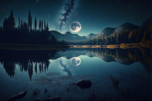 湖の月の光 輝く夜の森の月 輝く星