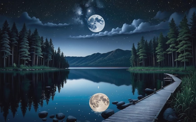 Foto luce lunare al lago splendente luna di notte boschi stelle splendenti