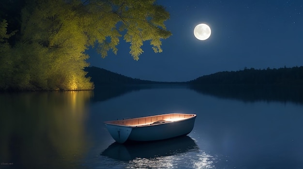 Moon light reflecting on lake water and a boat floats in the lake