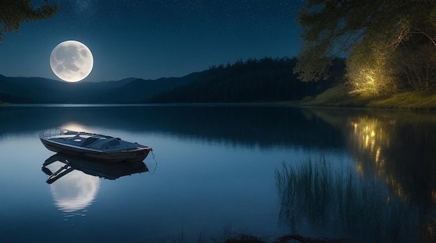 Moon light reflecting on lake water and a boat floats in the lake