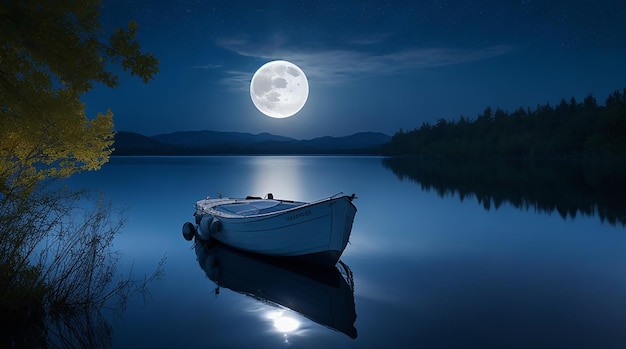 Moon light reflecting on lake water and a boat floats in the lake