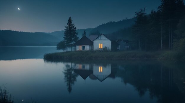 Moon light reflecting on lake water and a small hazy house in the lake