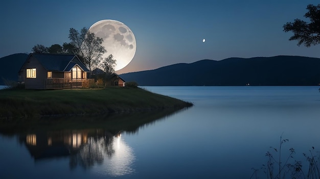 湖水に映る月の光と湖の中の霞んだ小さな家
