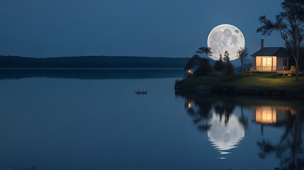 Moon light reflecting on lake water and a small hazy house in the lake