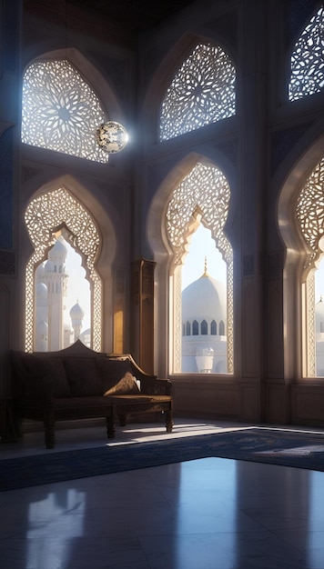 달빛은 창문을 통해 이슬람 사원 내부의 눈 반사로 빛난다