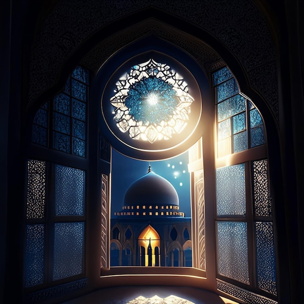 Moon light shine through the window into islamic mosque interior