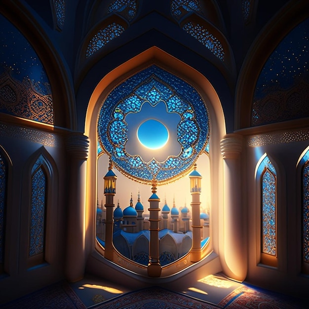 Moon light shine through the window into islamic mosque interior