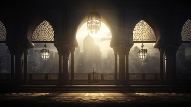 moon light shine through the window into islamic mosque