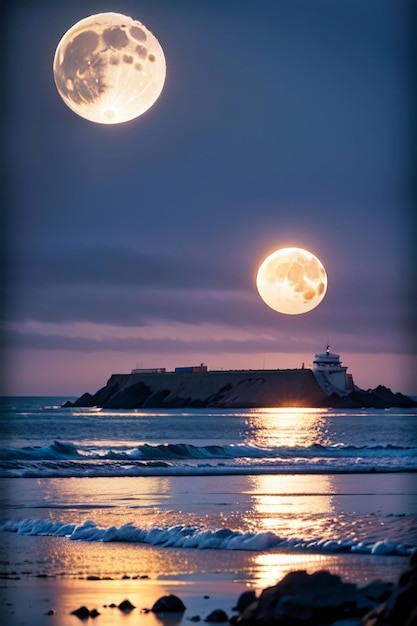 Moon and the lighthouse on the beach