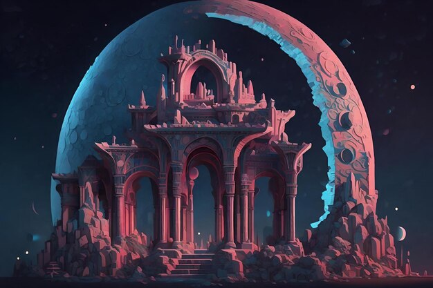 Photo the moon lit up the night sky in this art in the style of fantastical ruins digital generated ai