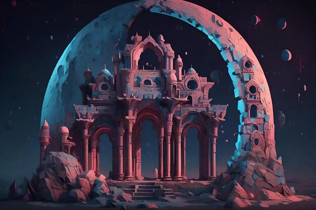 Photo the moon lit up the night sky in this art in the style of fantastical ruins