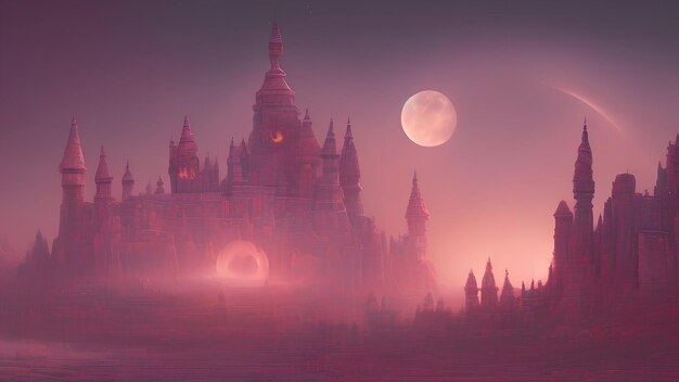 the moon lit up the night sky in this art in the style of fantastical ruins