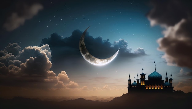 A moon and a mosque in the sky