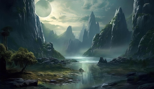 the moon on over mountain scene in the style of exotic fantasy landscapes