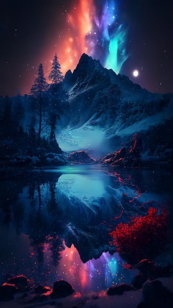 The moon and the mountains are reflected in the water.