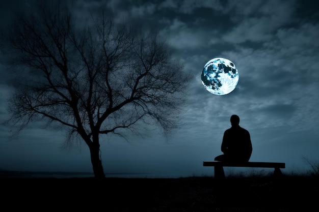 Moon at night park bench Generate Ai