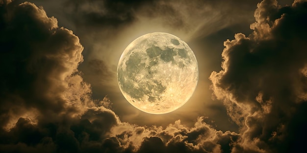 The moon in the night sky in clouds