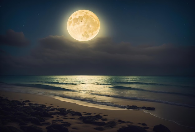 열대 해변 해안의 밤하늘에 떠 있는 달 Generative AI