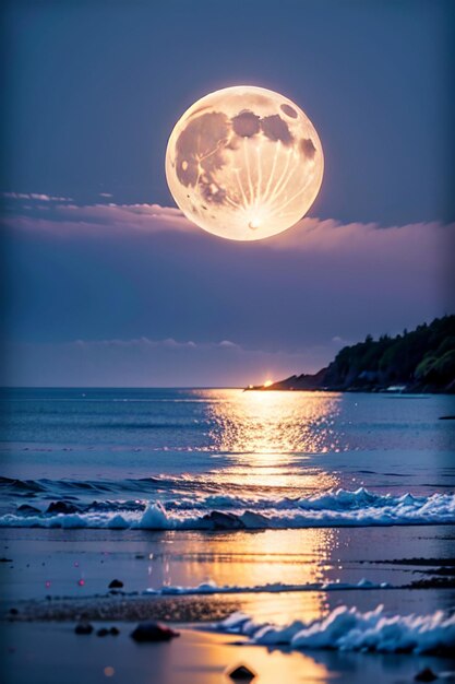 Moon over the ocean at night