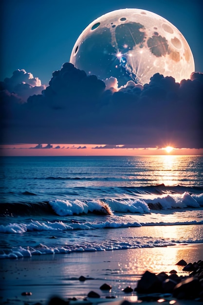 Moon over the ocean at sunset