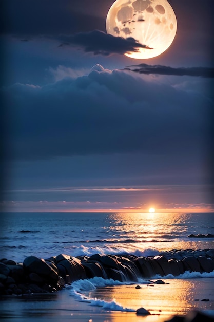 Moon over the ocean at sunset