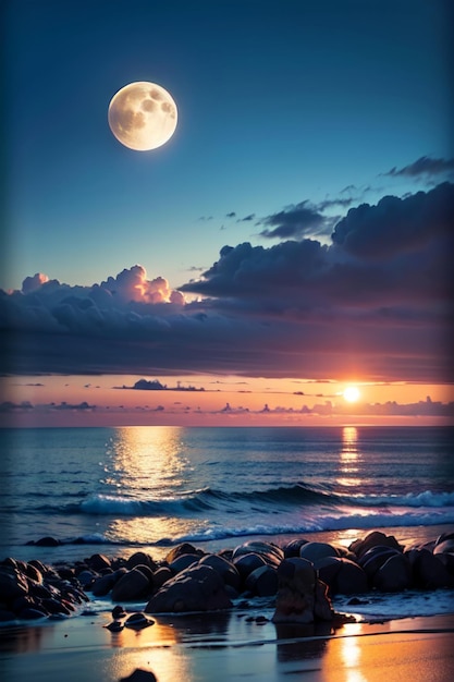 夕暮れ時の海に浮かぶ月