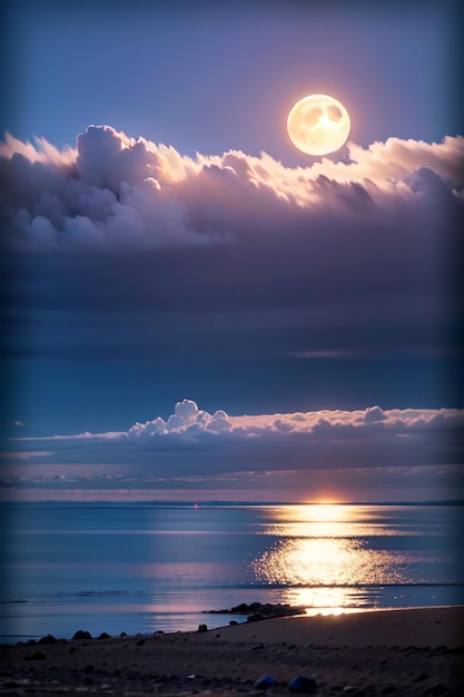 雲と水のある海の上の月