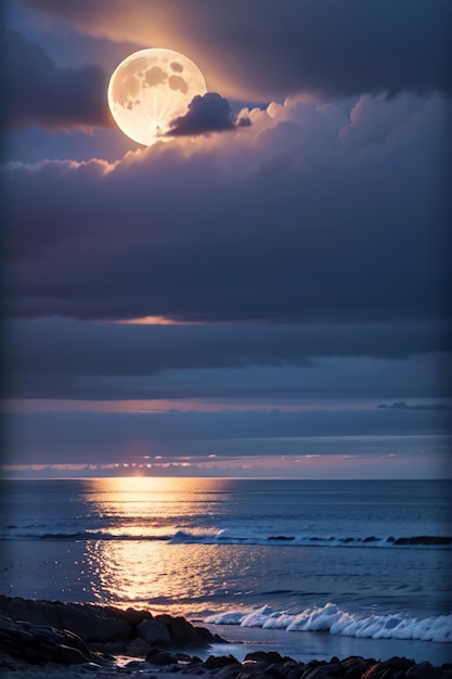 Moon over the ocean with the sun setting behind it.