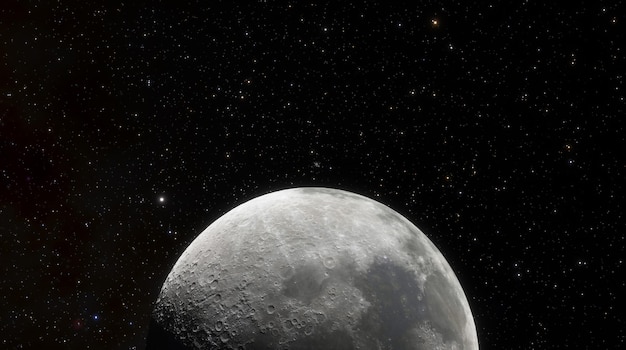 Moon in outer space against the background of stars, planets, galaxies and nebulae. Craters Surface moon satellite. 3d render