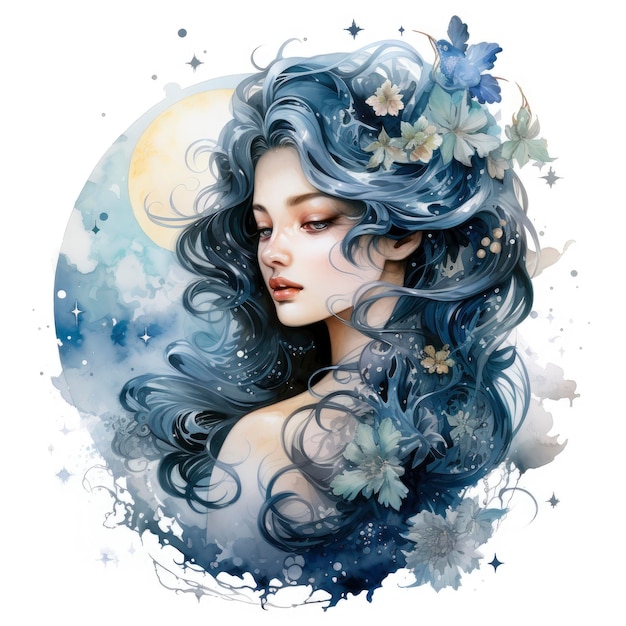 Moon princess watercolor white backgorund clipart mystical