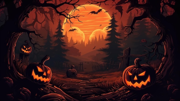 the moon and the pumpkins are out in the woods.