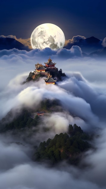 The moon rises over the clouds