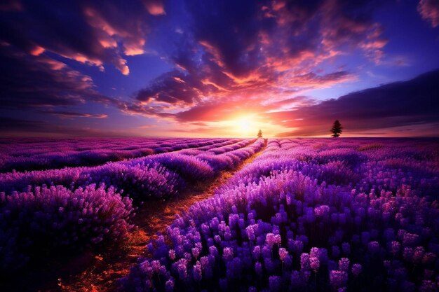 Moon rising over a field of lavender