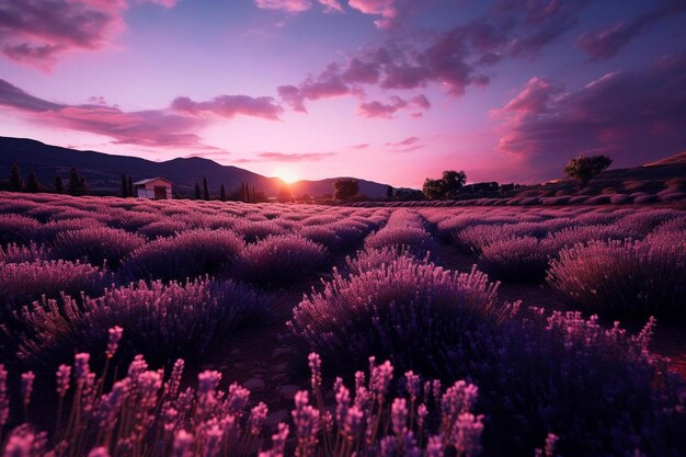 Moon rising over a field of lavender