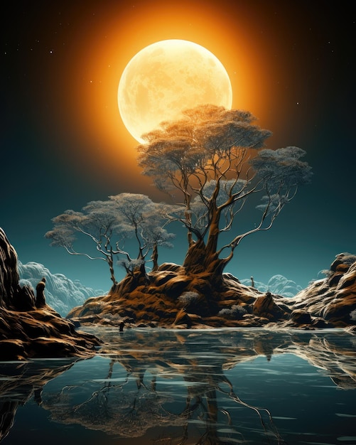 a moon over a rocky island